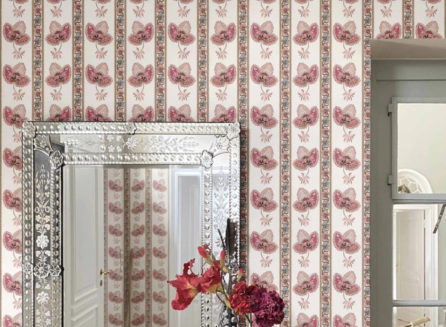 Designer pink floral striped wallpaper serafina Stripe by Milola DEsign