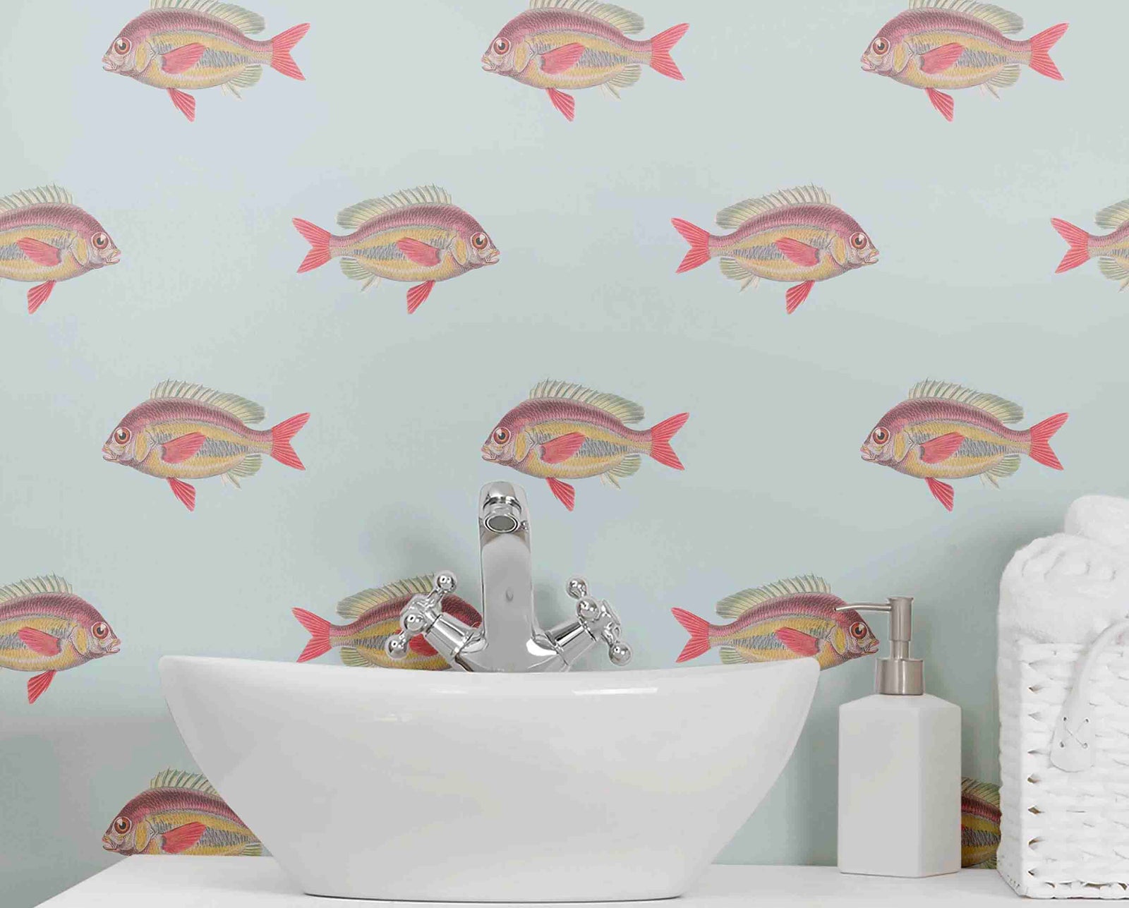 Bathroom with pale blue fish wallpaper by Milola Design
