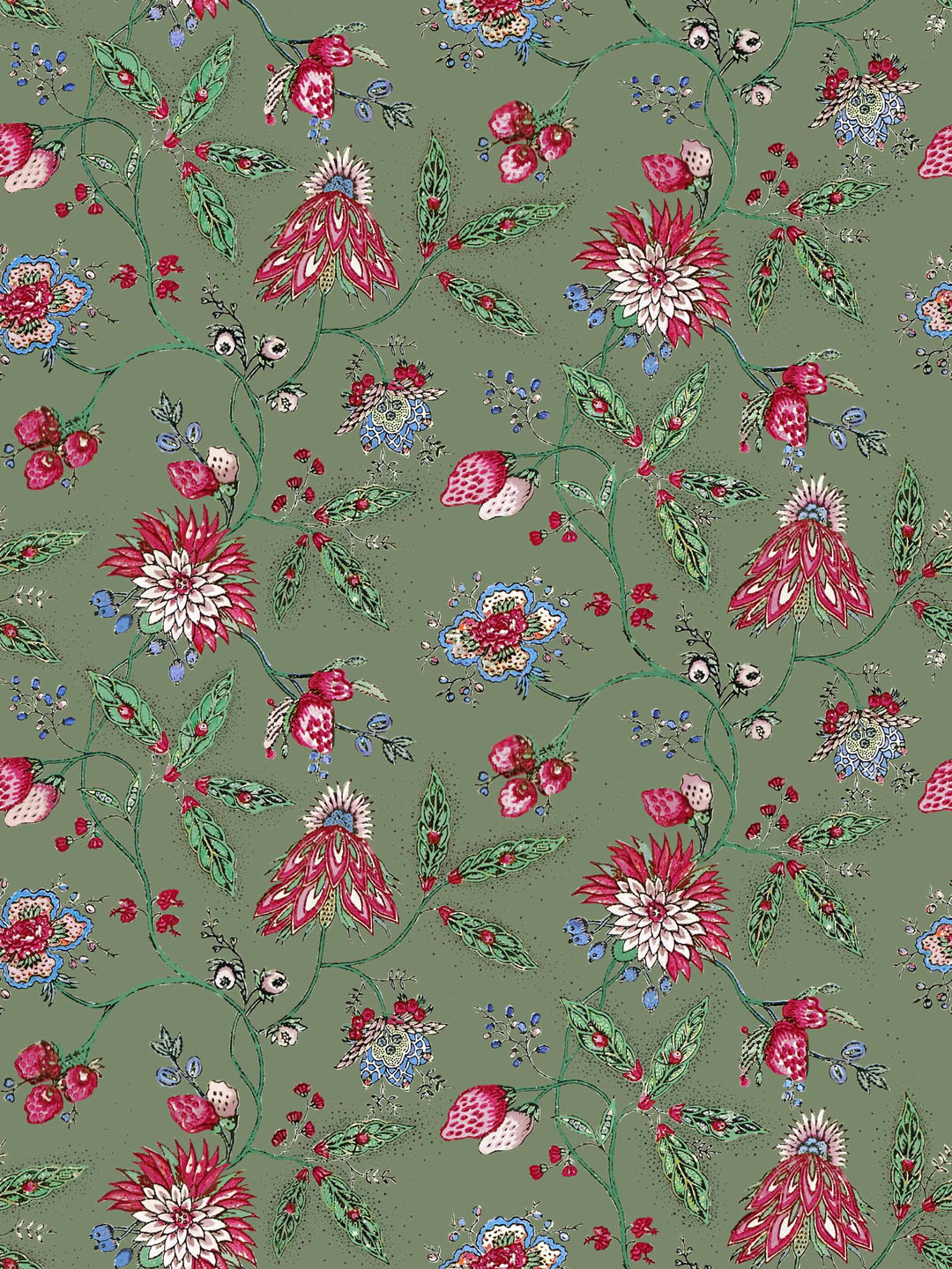 Dusky moss green and pink floral wallpaper inspired by a vintage french design