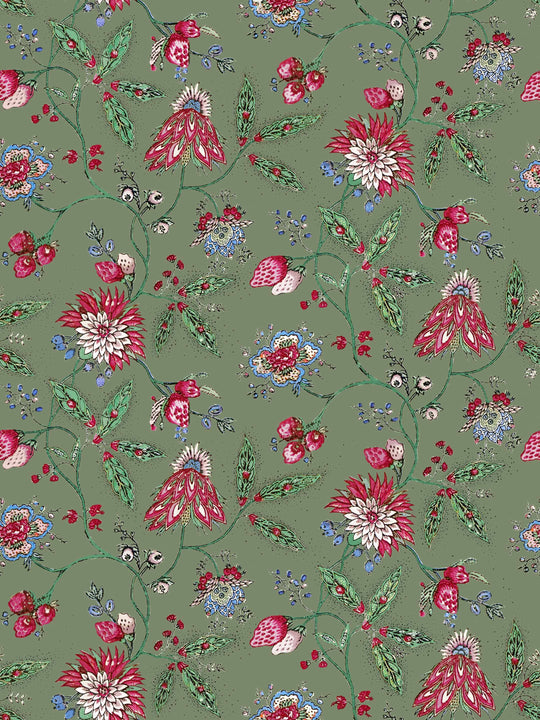 Dusky moss green and pink floral wallpaper inspired by a vintage french design