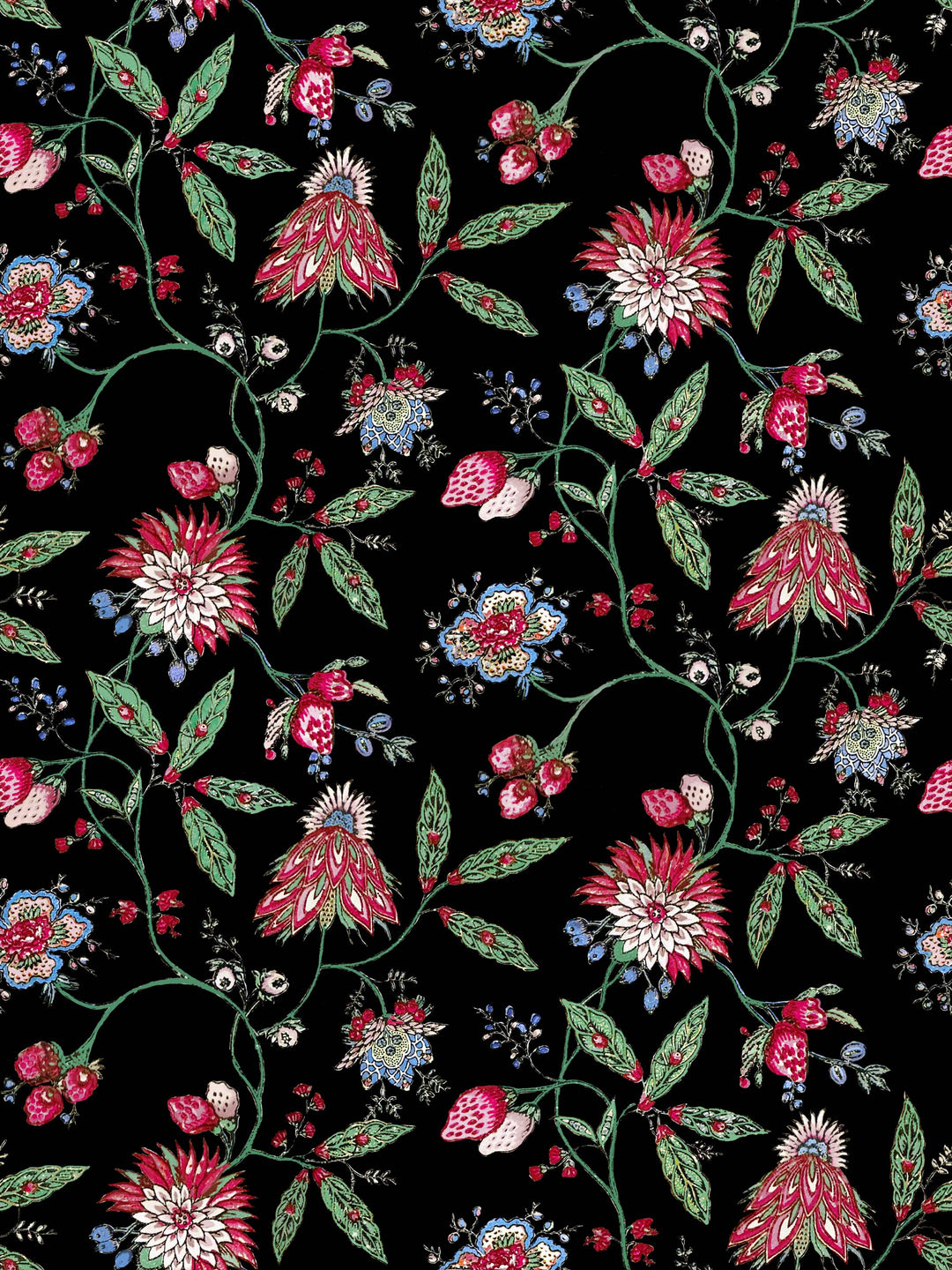 A black floral wallpaper, with pink and blue flowers and green leaves
