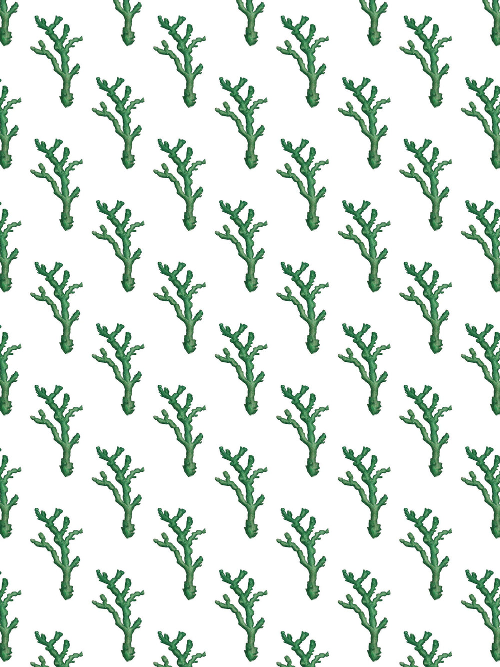 A wallpaper design of green coral elements on a white background