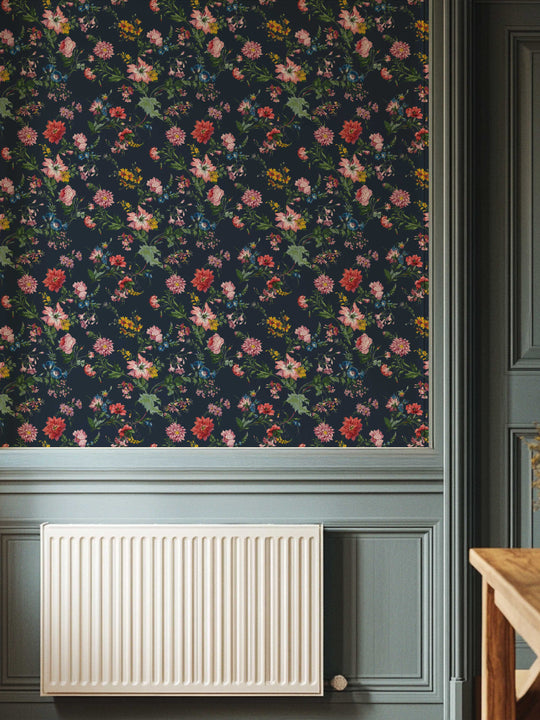 Dark floral wallpaper with a retro vibe by Milola Design