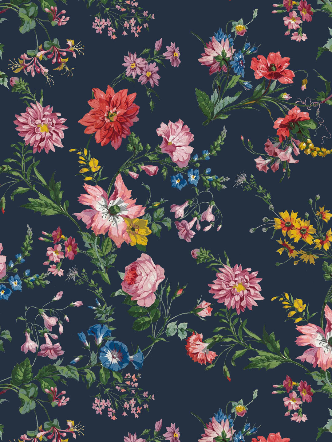 Designer dark charcoal blue floral wallpaper with different coloured flowers