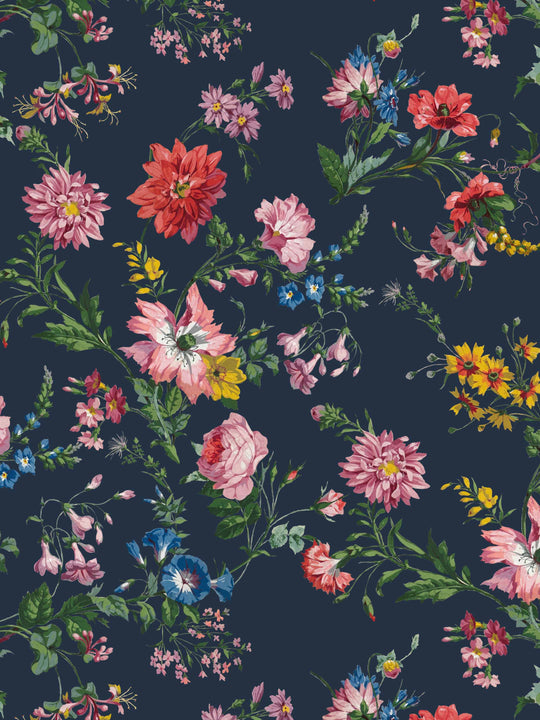 Designer dark charcoal blue floral wallpaper with different coloured flowers