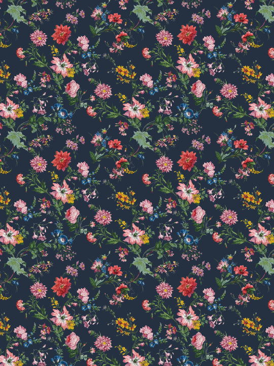A dark floral wallpaper with flowers in pink, yellow and blue on a charcoal background