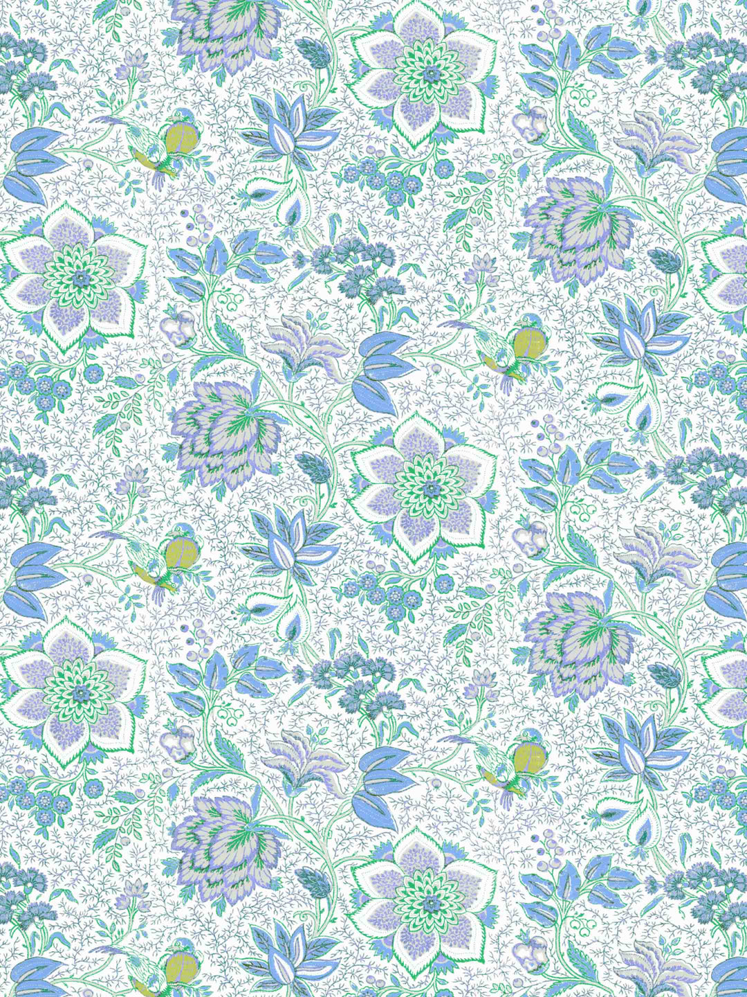 Floral home wallpaper pattern with blue and green flowers on a white background