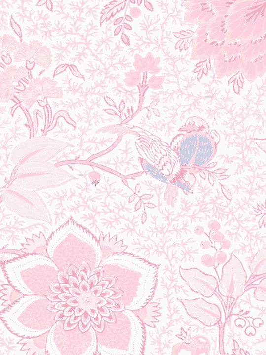 Pink floral and bird home wallpaper pattern on a light pink background