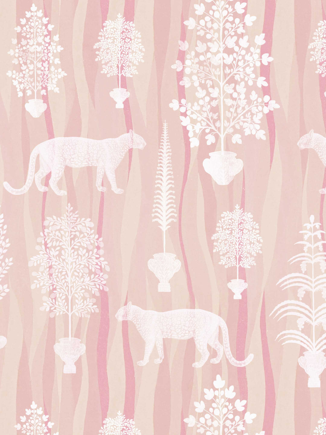 Jag About animal wallpaper in Cotton Candy Pink by Milola Design, featuring Jaguar big cats and ornate trees on a textured background.