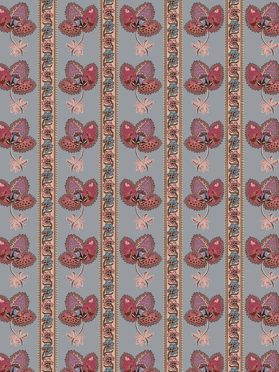 Serafina Stripe in Twilight Blue is a floral striped home wallpaper design in dusky blue and ark pink