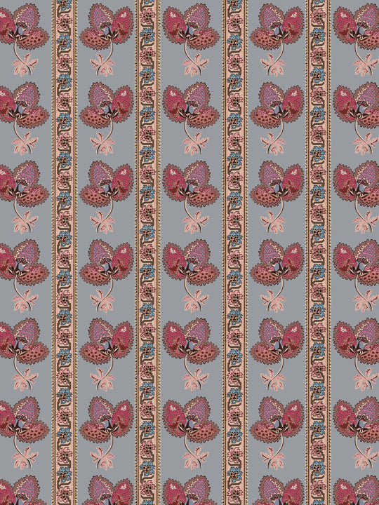 Serafina Stripe in Twilight Blue is a floral striped home wallpaper design in dusky blue and ark pink