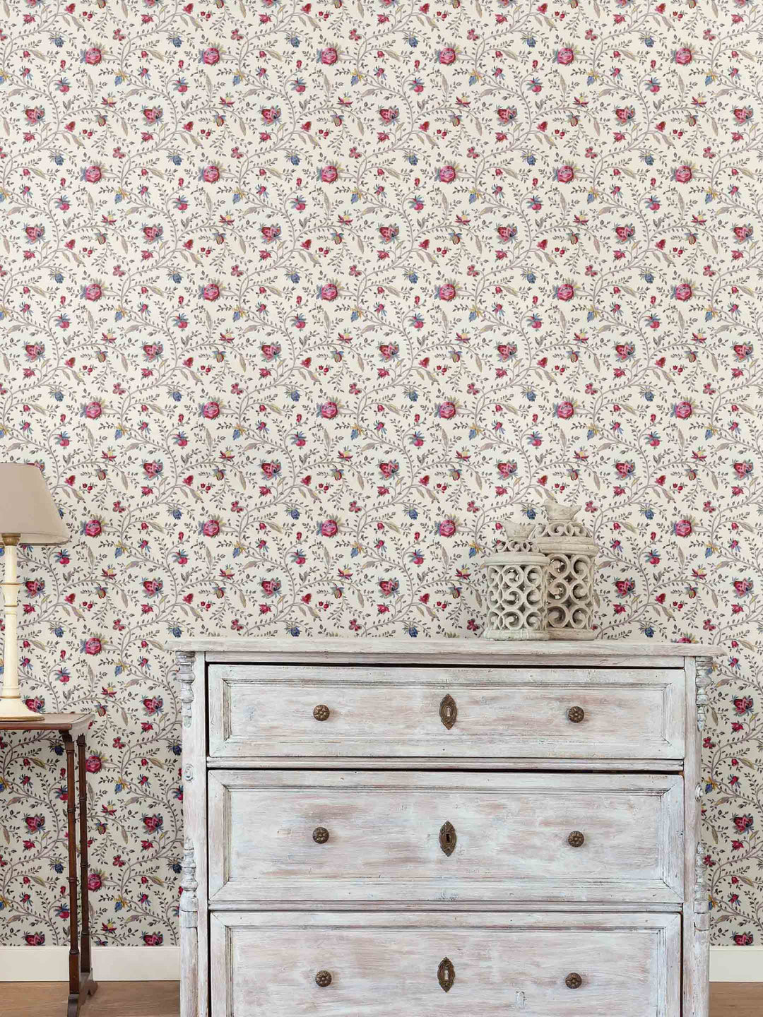 Indienne petite floral wallpaper on walls in bedroom by Milola Design