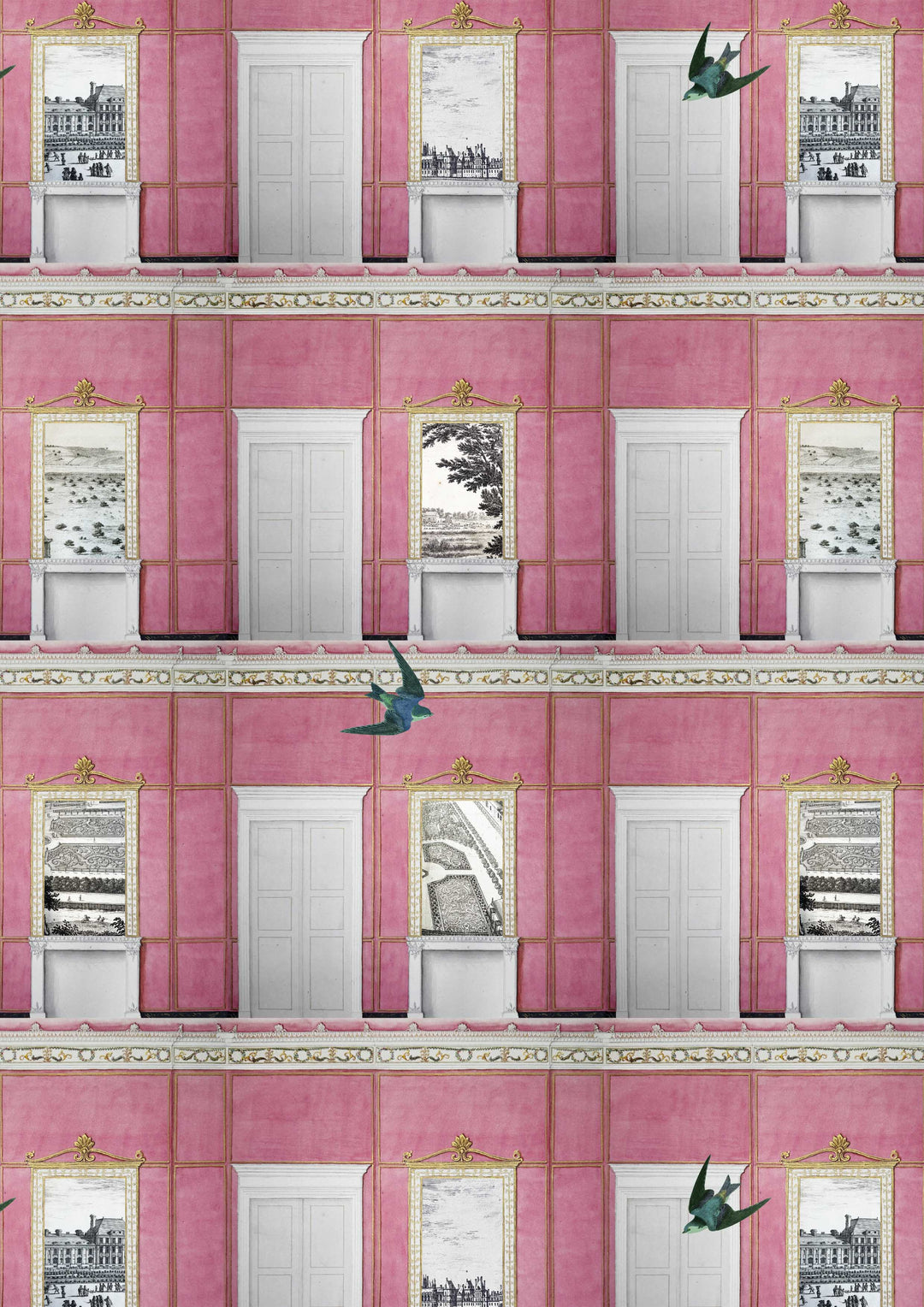 Pink whimsical wallpaper featuring architectural drawings, scenic prints and swallows
