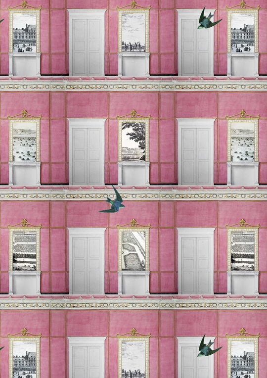 Pink whimsical wallpaper featuring architectural drawings, scenic prints and swallows