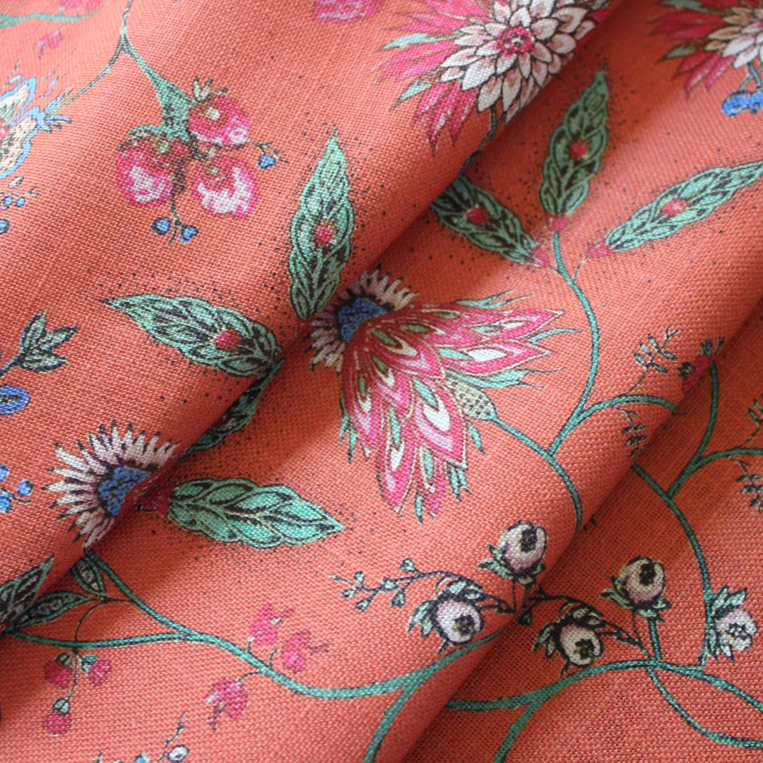 Close up of a Orange floral curtain fabric 