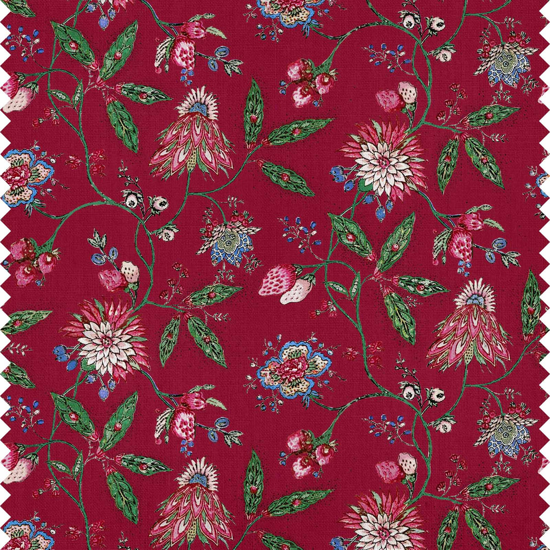 Amalita floral fabric in fuchsia red, featuring 18th-century inspired floral design with pinks, blue, and green accents.