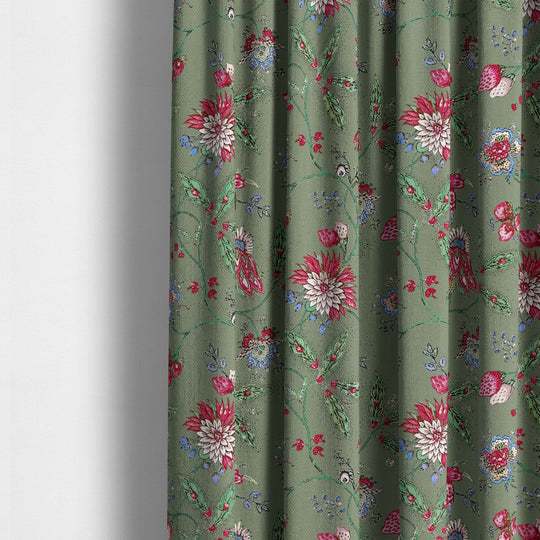 Amalita Floral Fabric in moss green with pink and blue flowers, perfect for curtains and upholstery.