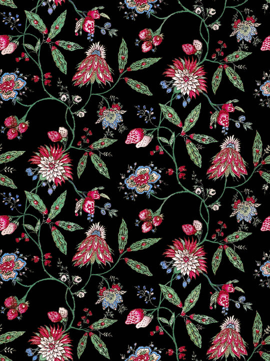 A pretty  black, pink and green floral wallpaper