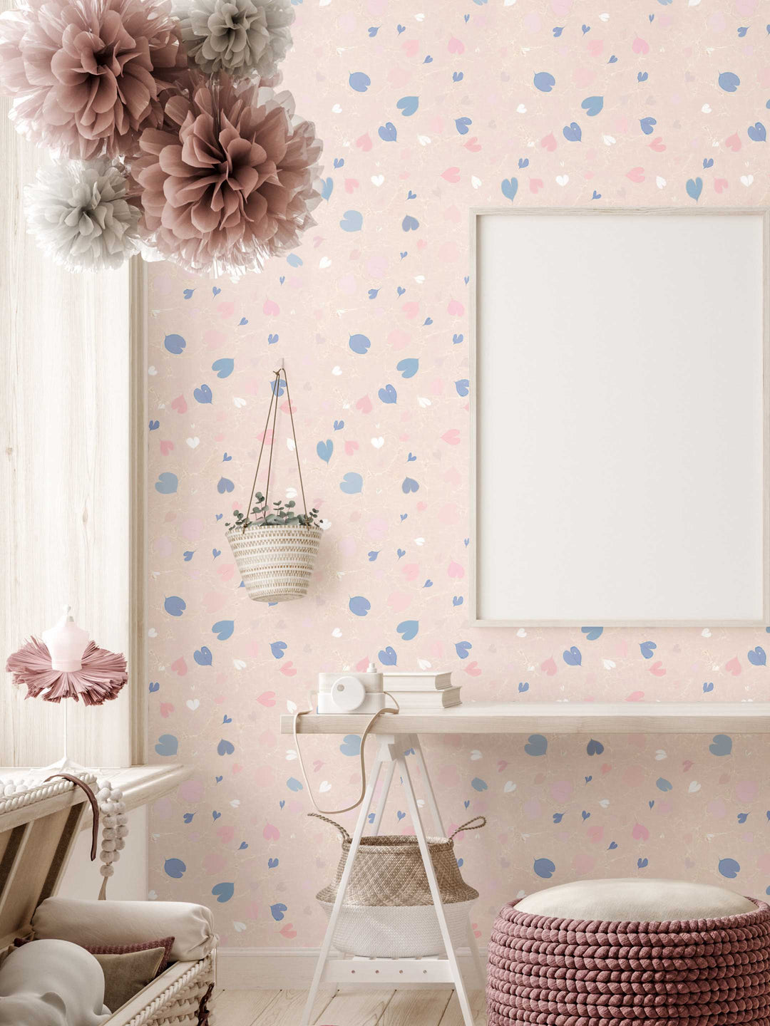 Pink marbled heart kids bedroom wallpaper