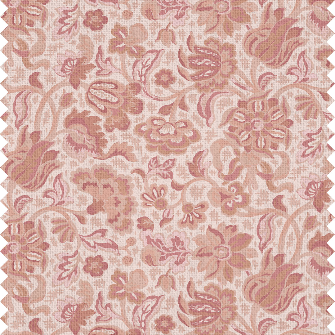 Fabric and wallpaper with a bohemian pink floral motif.