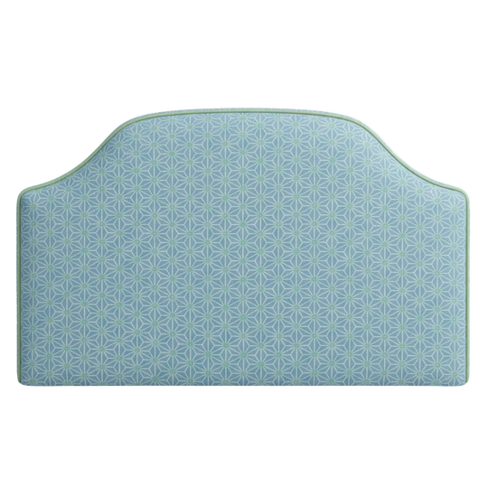 Blue patterned headboard fabric for spring with stars on a white background