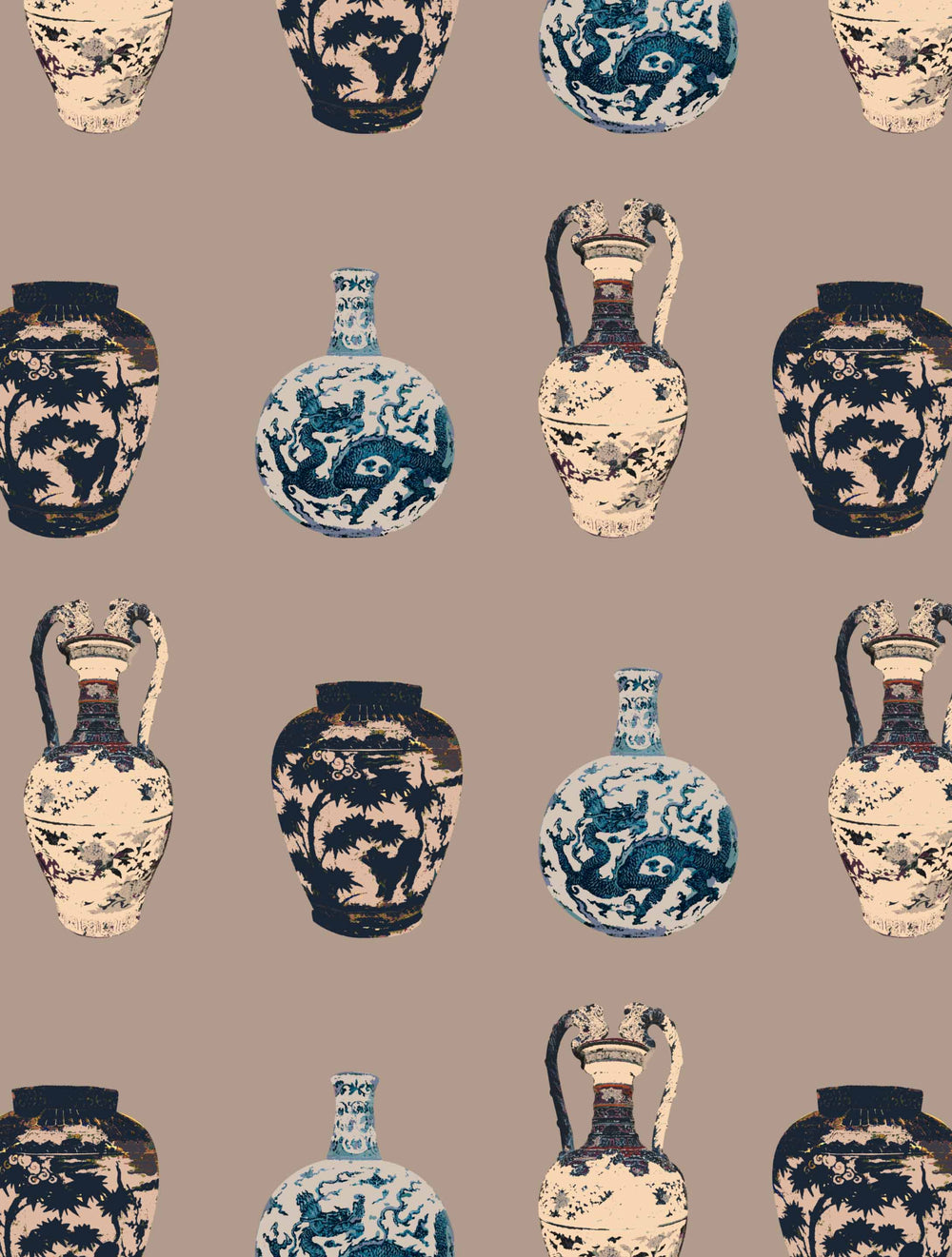A home wallpaper Pattern of blue and white ceramic CHinese vases on a beige background