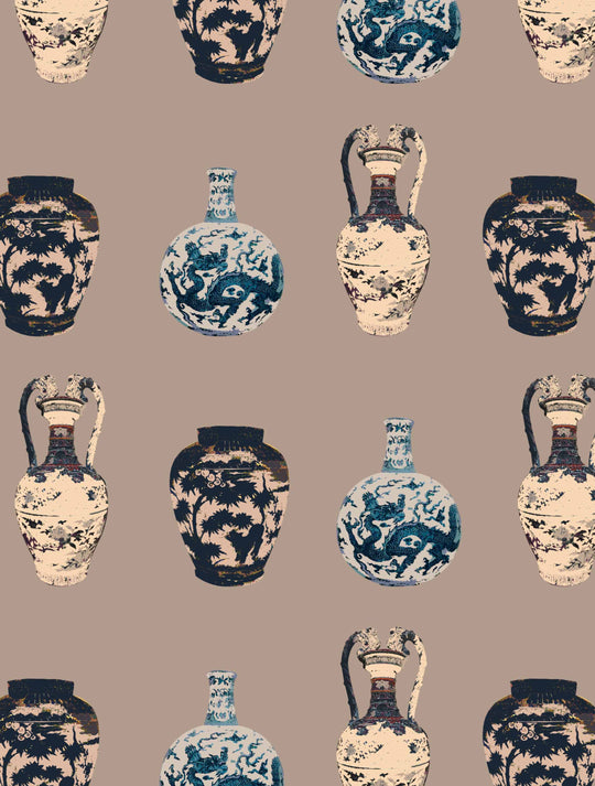 A home wallpaper Pattern of blue and white ceramic CHinese vases on a beige background