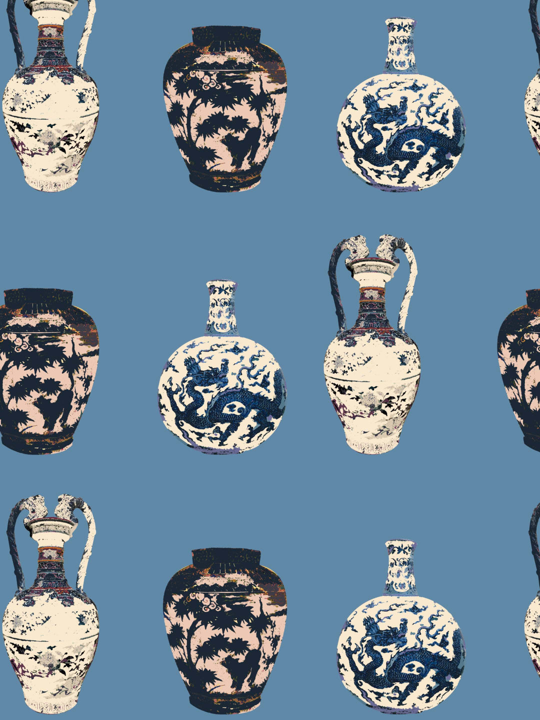 A statement wallpaper featuring a repeating pattern of antique Chinese vases in blue and white colors.