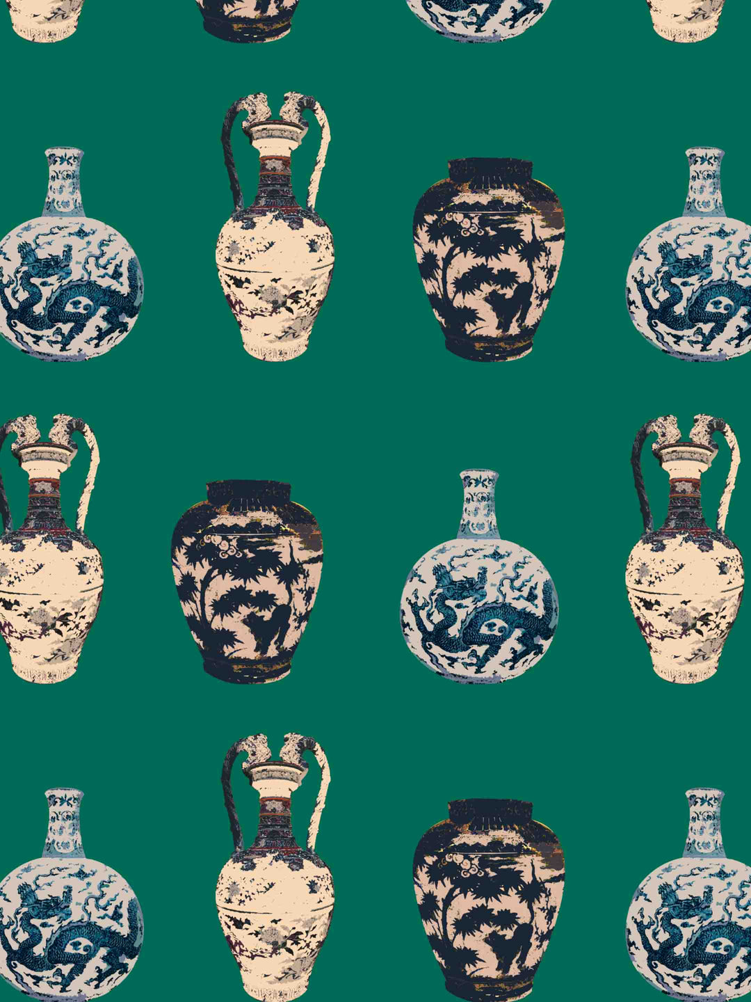 A home wallpaper Pattern of decorative antique Chinese vases on a emerald green background