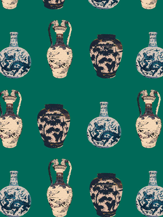 A home wallpaper Pattern of decorative antique Chinese vases on a emerald green background