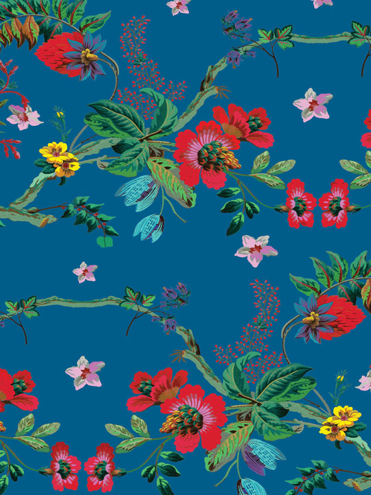 Detailed Floral wallpaper pattern with red, green, and pink flowers on a blue background