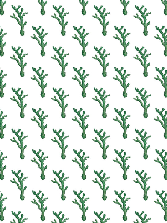 A wallpaper design of green coral elements on a white background