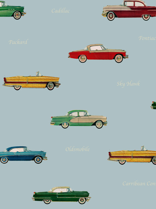 A wallpaper Pattern of vintage cars on a light blue background