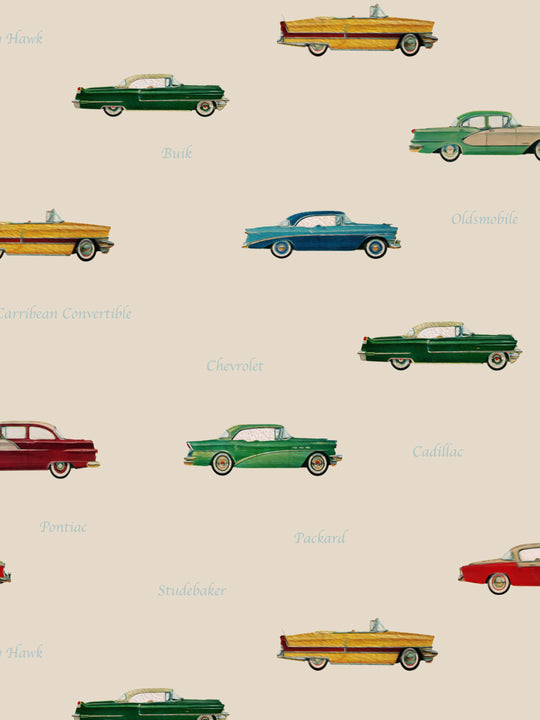 A home wallpaper pattern of vintage cars on a beige background
