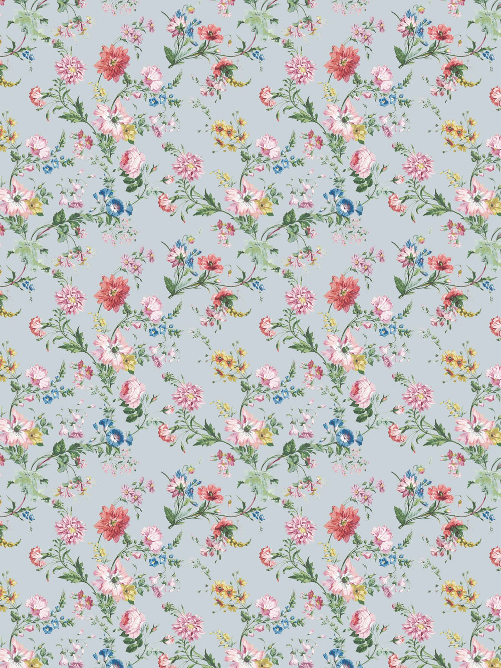 Pale blue wallpaper with pink, yellow and blue detailed flowers and leaves with a vintage vibe