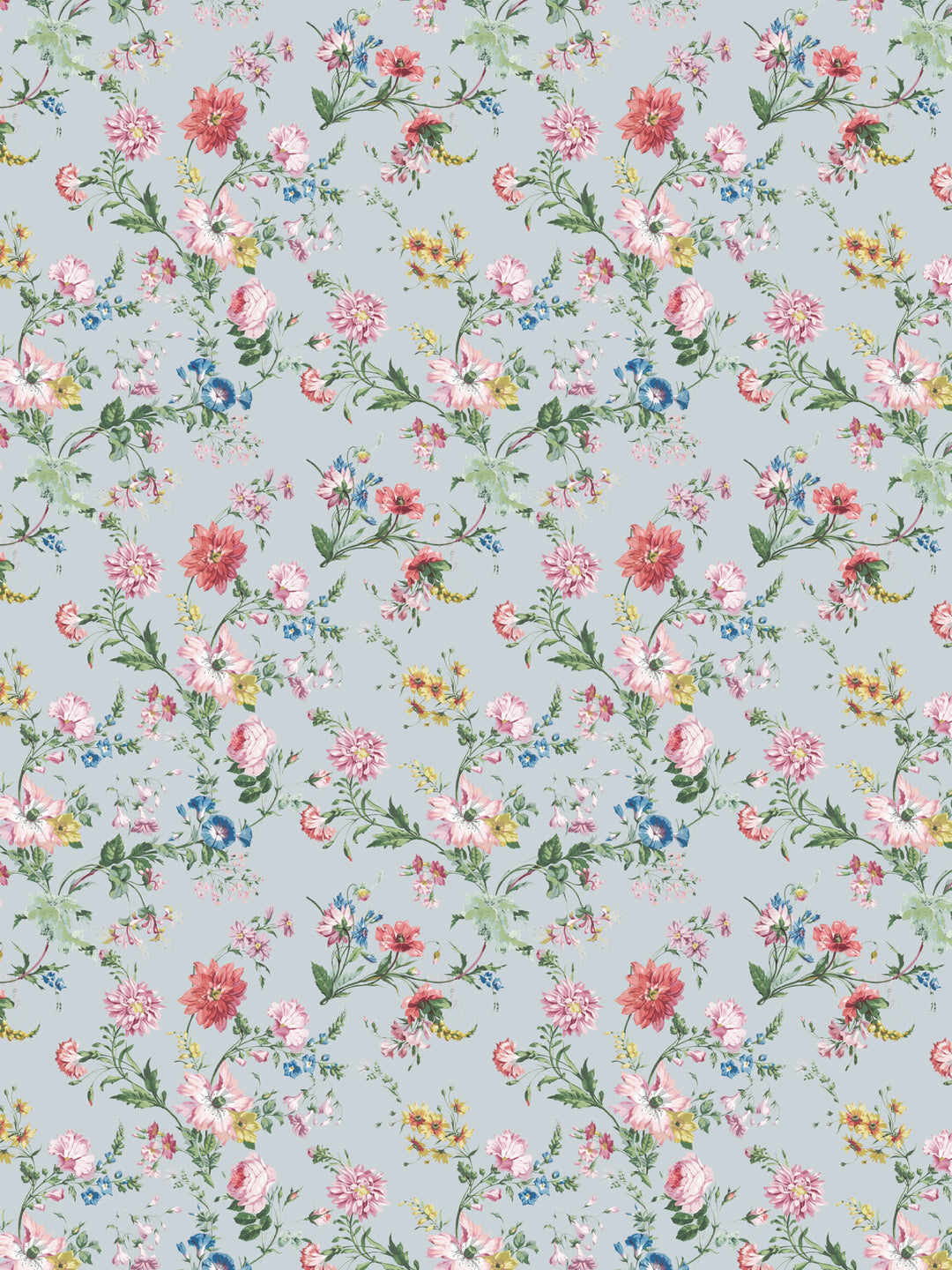 Pale blue wallpaper with pink, yellow and blue detailed flowers and leaves with a vintage vibe