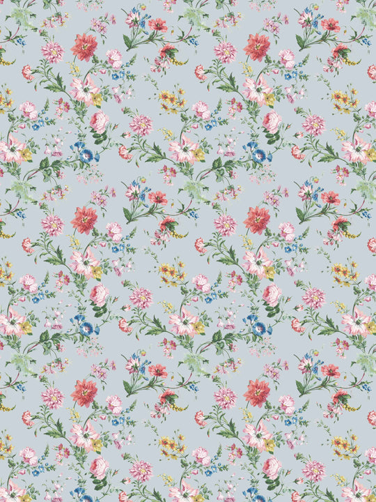 Pale blue wallpaper with pink, yellow and blue detailed flowers and leaves with a vintage vibe