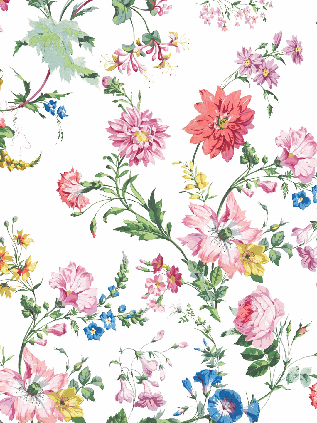 A floral wallpaper bursting with flowers in pinks, blues and yellows on a white background giving a vintage, granny vibe to bedroom or bathroom walls