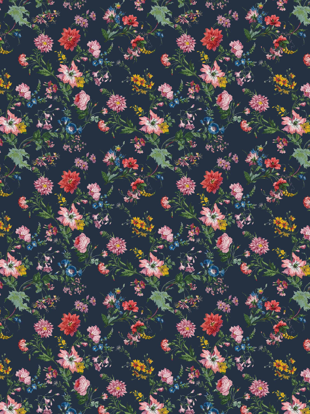 A dark floral wallpaper with flowers in pink, yellow and blue on a charcoal background