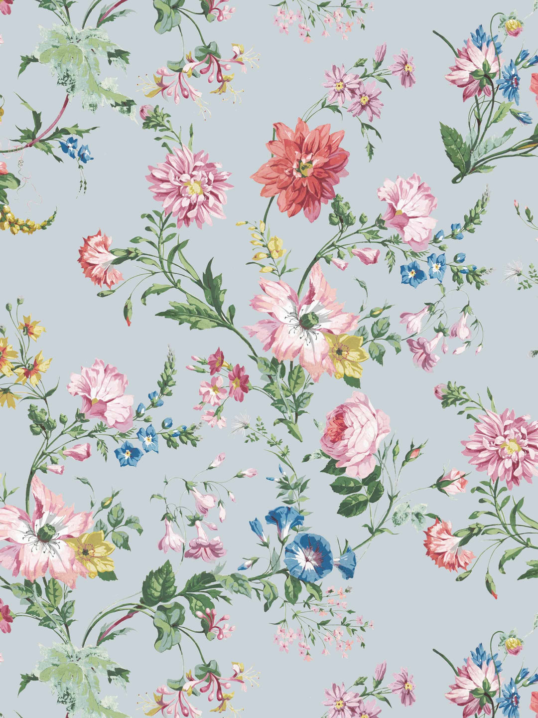 A pretty floral wallpaper with detailed english country garden flowers in pinks, blues and yellows. This wallpaper has a vintage vibe.