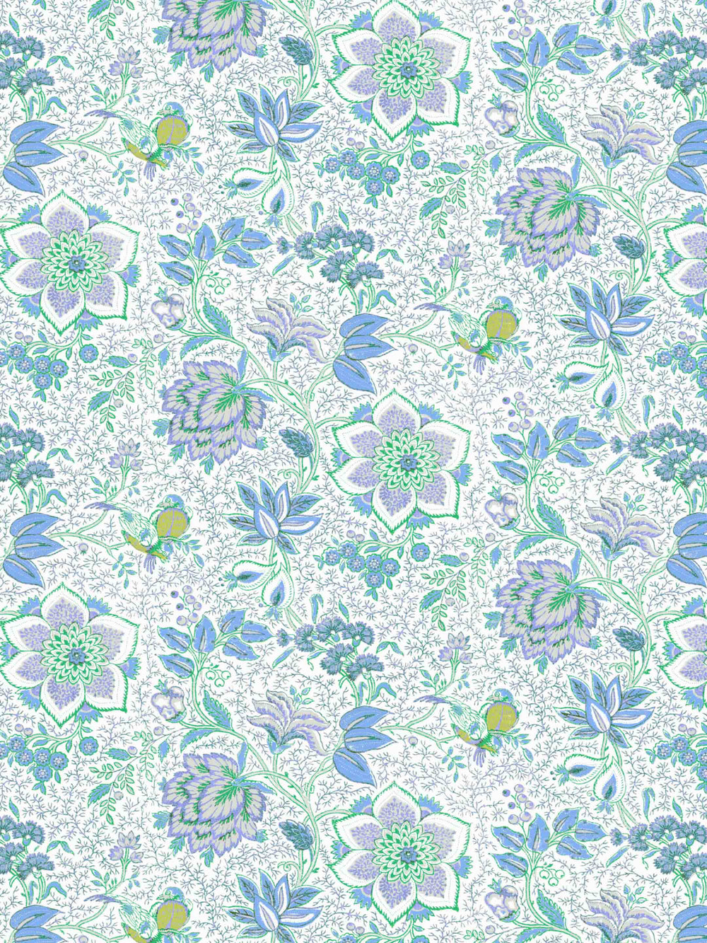 Floral home wallpaper pattern with blue and green flowers on a white background
