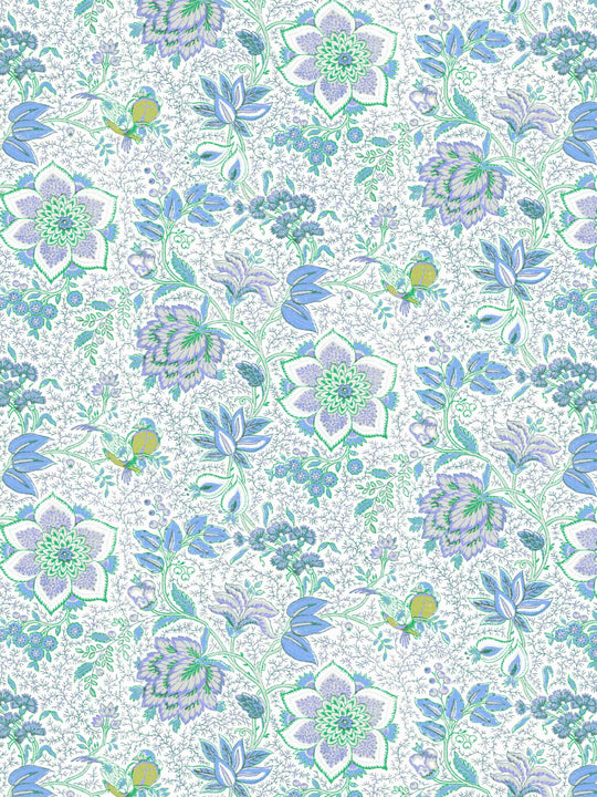 Floral home wallpaper pattern with blue and green flowers on a white background