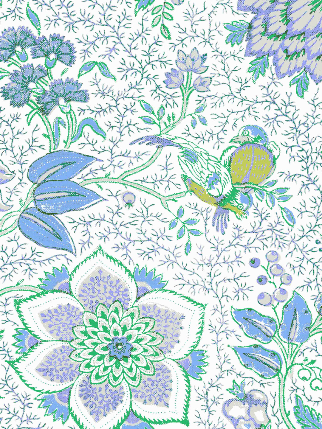 Floral and bird patterned home wallapper  with blue and green colors on a white background