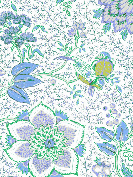 Floral and bird patterned home wallapper  with blue and green colors on a white background