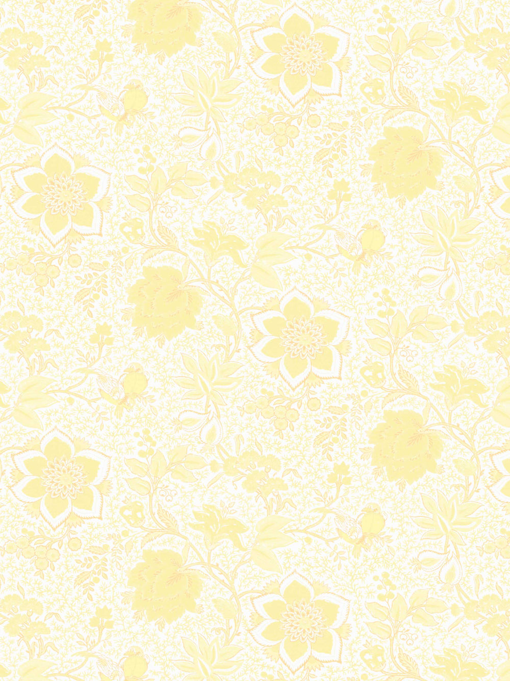Floral patterned home wallpaper with yellow flowers and birds on a white background
