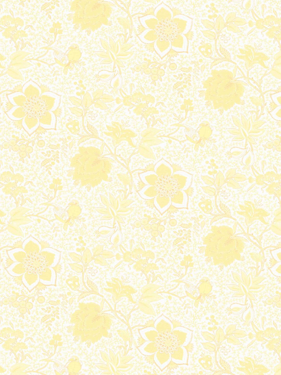 Floral patterned home wallpaper with yellow flowers and birds on a white background
