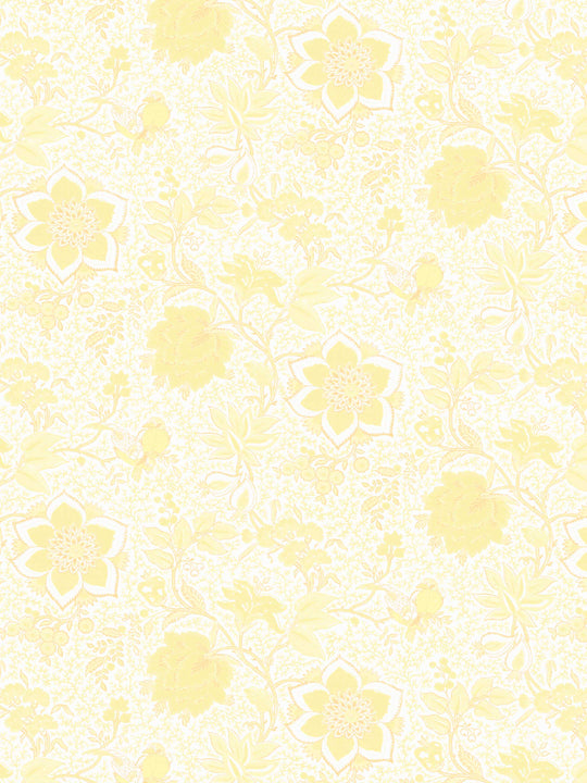 Floral patterned home wallpaper with yellow flowers and birds on a white background
