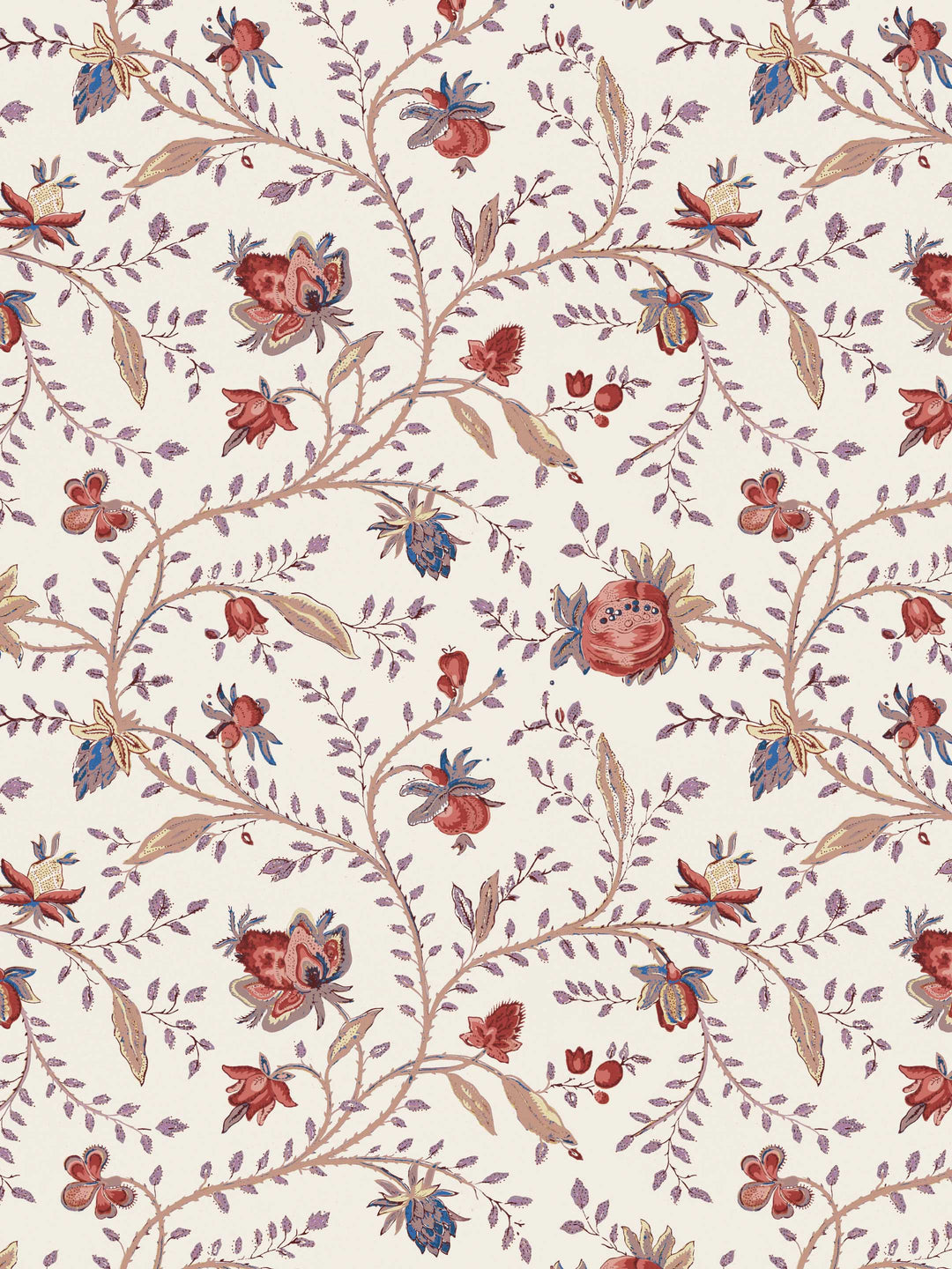 An Indienne floral wallpaper in peach and earthy tones.
