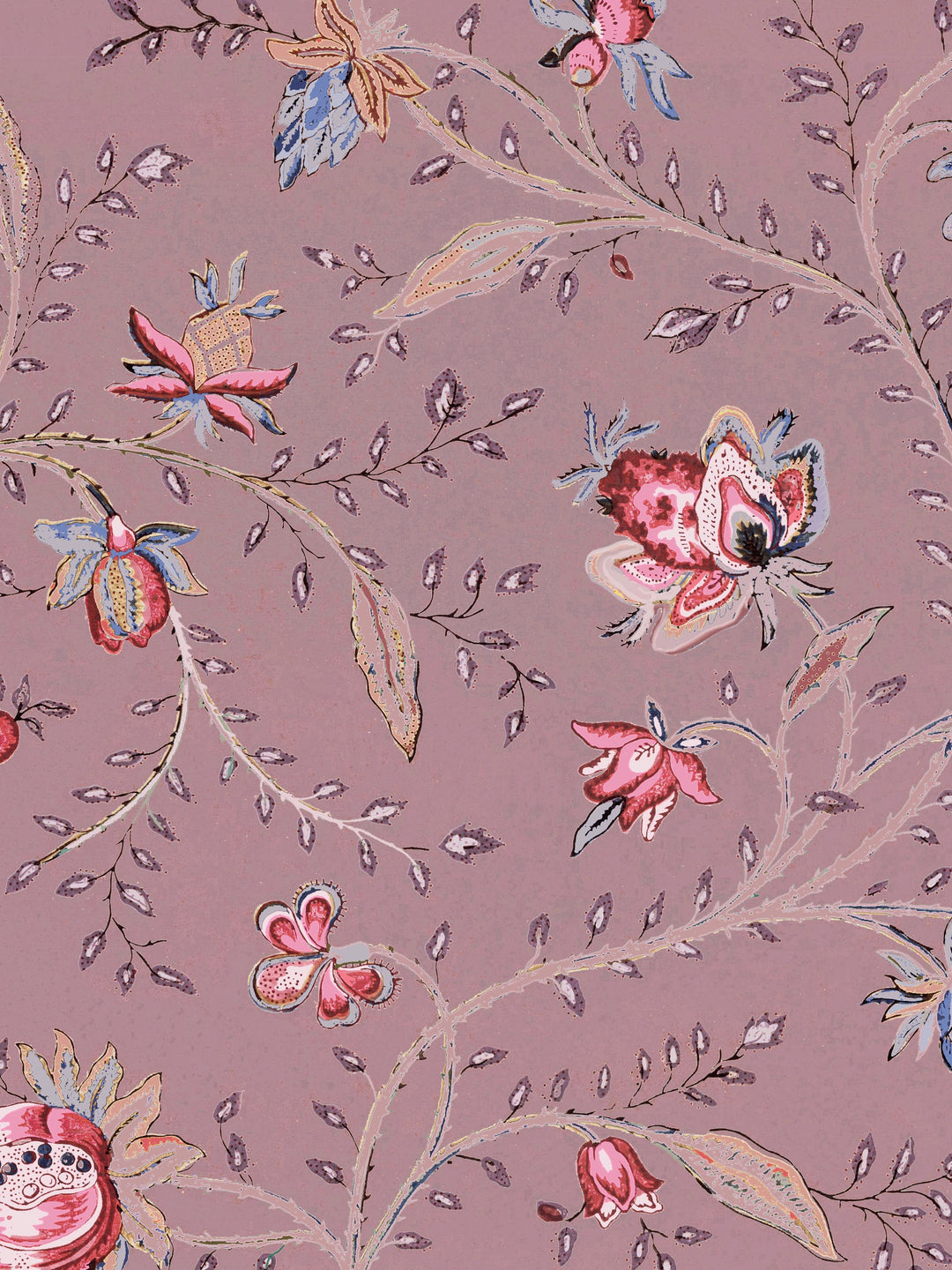 Indienne floral wallpaper on a plum pink background
