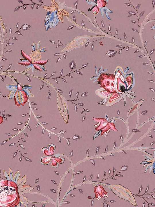 Indienne floral wallpaper on a plum pink background